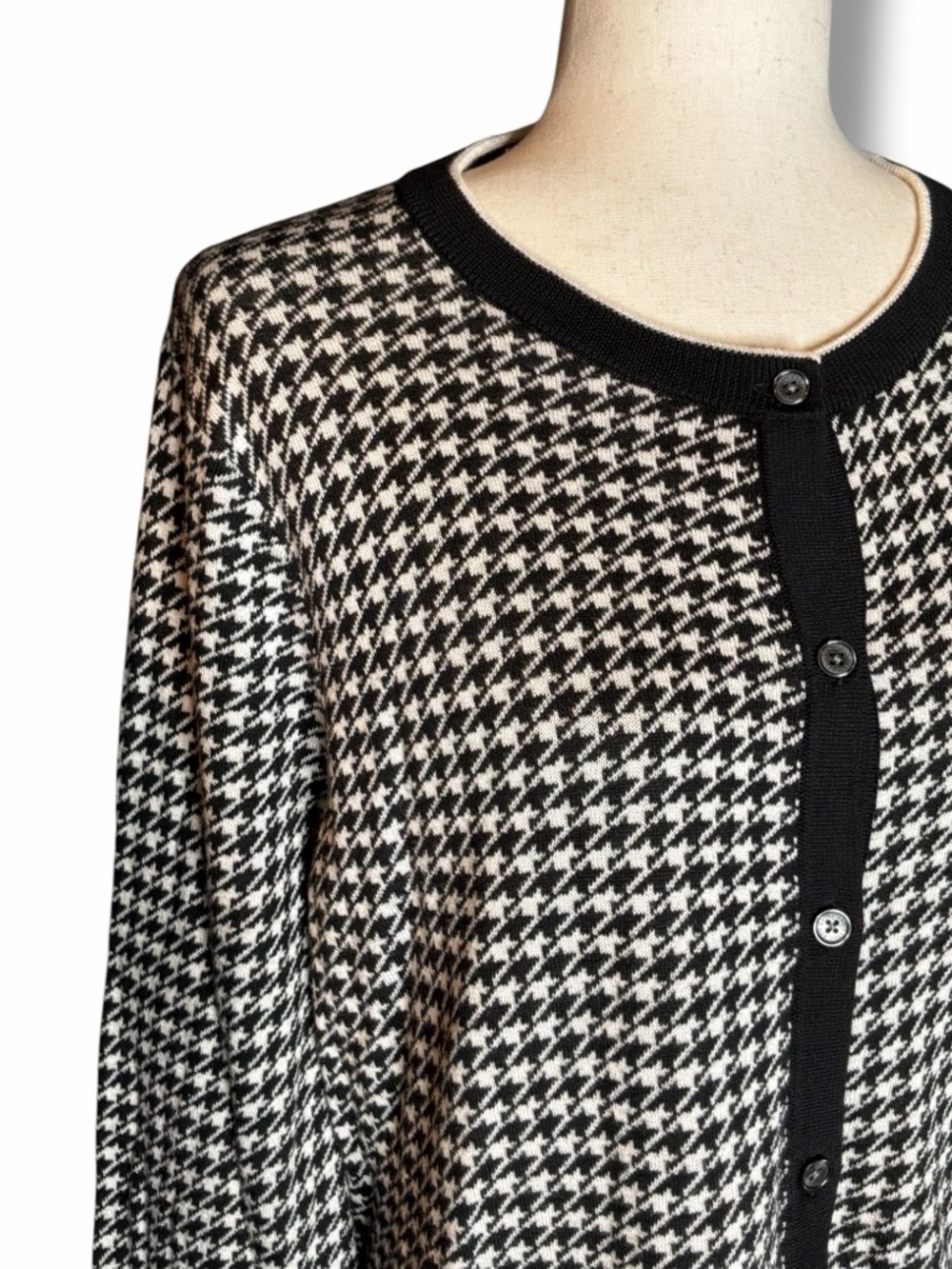 Land’s End Black & White Houndstooth Supima Cotton Knit Button Cardigan Sweater